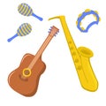 Vector illustration of musical instruments guitar, maracas, tambourine and saxophone isolated Royalty Free Stock Photo